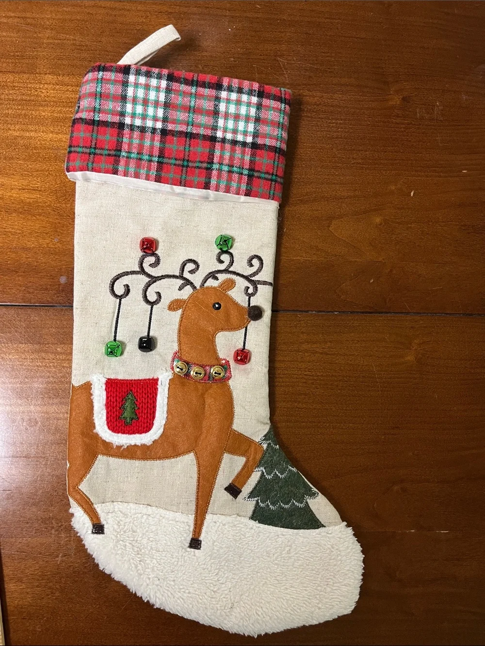 Plaid-Trim Holiday Stockings Set with Santa, Snowman & Reindeer - Cream and Red